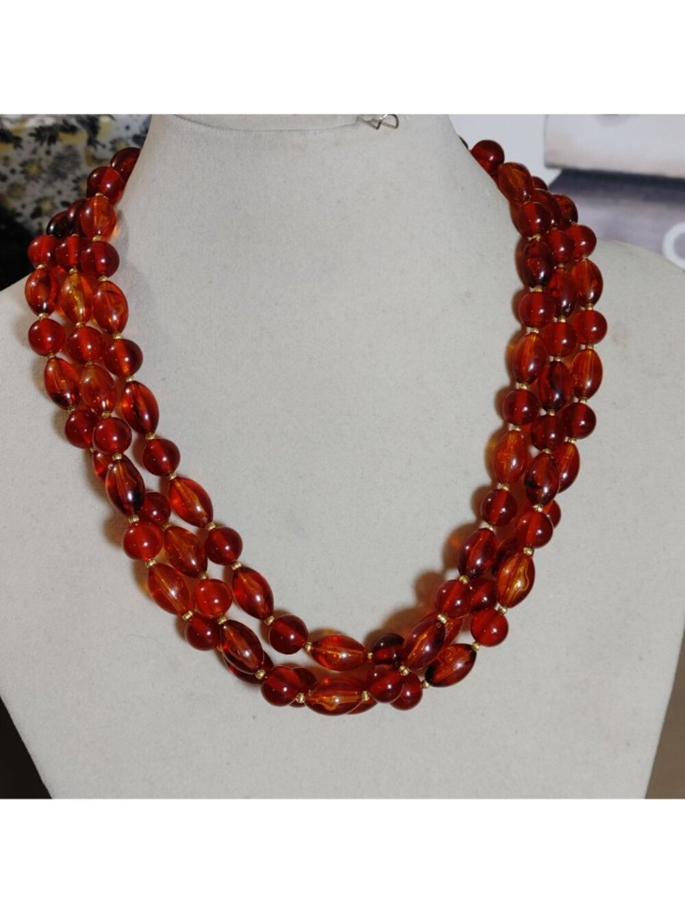 Hobe Necklace Vintage Brown Red Ambar Lucite Bead Gold Tone Accents 54 Inches - Picture 13 of 16